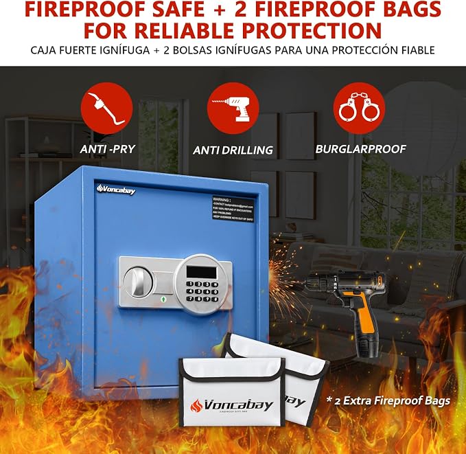 Voncabay Money Safe Box for Home with Digital Keypad, 1.5 Cu. Ft., Blue | Alloy Steel, 2 Fireproof Bags, Digital Keypad with Display, Removable Shelf, Alarm System, 14 x 13 x 13 In. - Image 4