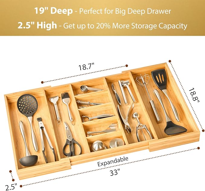 Extra Large Expandable Kitchen Drawer Organizer for Utensil and Junk, 19" Deep for Big Drawer, 19" to 33" Adjustable Bamboo Wood Drawer Divider, Cutlery Tray, Flatware Holder - Image 2