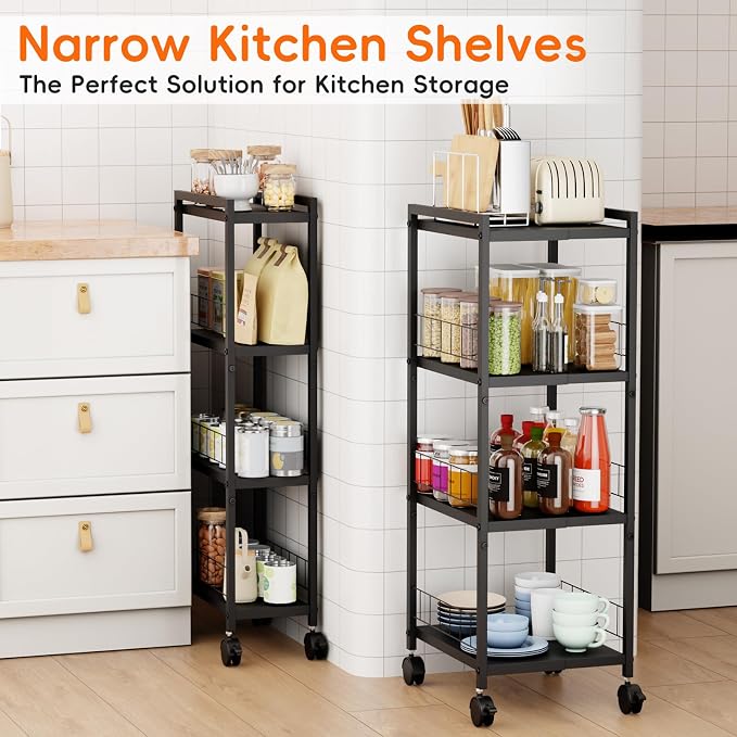 Expandable Slim Storage Cart with Wheels, 4 Tier Narrow Metal Rolling Utility Cart Organizer Adjustable Open Floor Shelving Unit for Small Spaces Bathroom Laundry Room Kitchen - Image 9