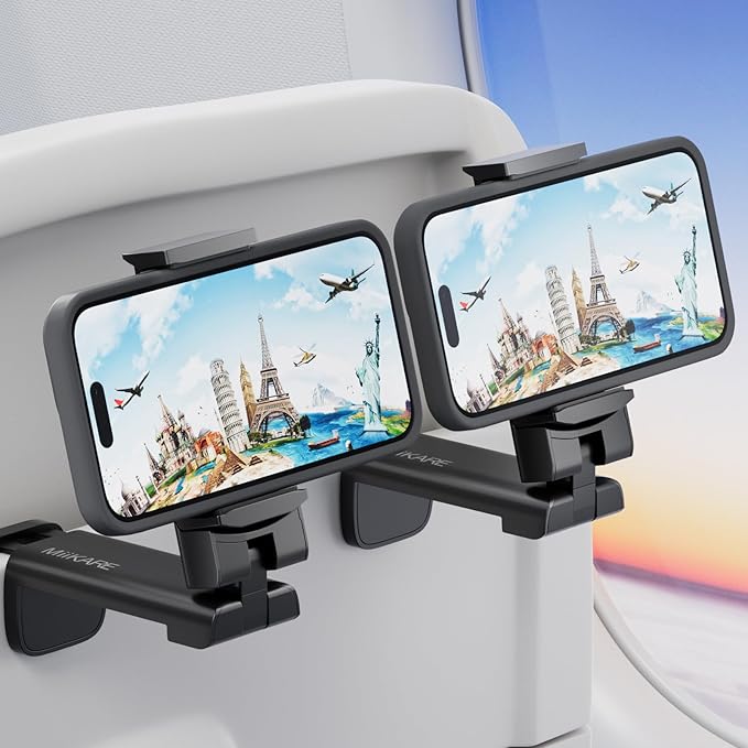MiiKARE 2PCS Airplane Phone Holder Mount, Plane Travel Essentials, Black | Universal Hands-free Phone Holer with 360° Rotation for Flying, Accessory Travel Must Haves Phone Stand for Desk, Tray Table by MiiKARE