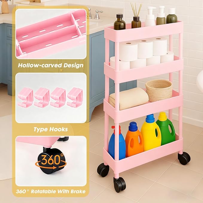 ShellKingdom 4 Tier Bathroom Storage Organizer, Slim Rolling Storage Cart for Narrow Space, Mobile Shelving Unit with Lockable Wheels and Hooks for Bathroom, Kitchen, Laundry Movable Shelf (Pink) - Image 5