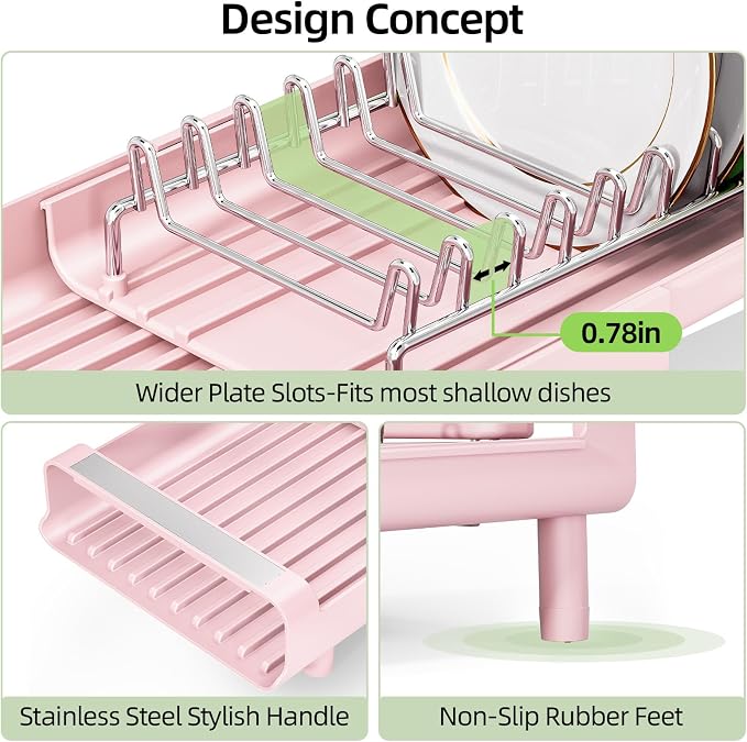 TOOLF Small Dish Drying Rack, Expandable and Space-Saving, Pink | Mini Dish racks for kitchen counter, Compact Design Fits Sink or Counter, Stainless Steel Plate Rack, 11"-19.3"L×7.7"W×3.54"H - Image 3