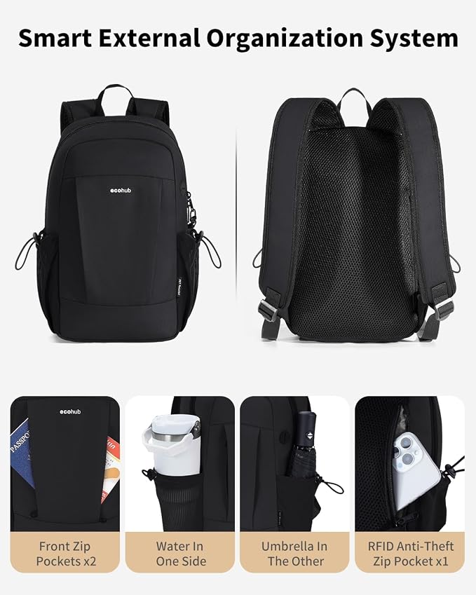 ECOHUB Mini Anti-Theft RFID Backpack for Women and Men, Water-Resistant, Lightweight Travel Daypack with iPad Sleeve, Key Holder, 9 Pockets, Daily Short Trips, Black | 10L RFID Blocking Backpack for Men Lightweight&Small Daypack with 9 Pockets,Water Re... - Image 2