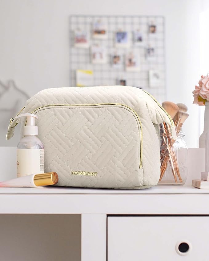 BAGSMART Travel Makeup Bag, Cosmetic Bag Small Make Up Organizer Case,Wide-open Pouch for Women Purse for Toiletries Accessories Brushes,Small Beige - Image 7