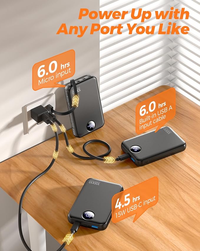 Portable Charger 10000mAh with 4 Built-in Cables 40% Smaller | Power Bank Fast Charging Battery Pack,LED Display Compact with Travel Charger for iPhone Other Devices-Black - Image 4