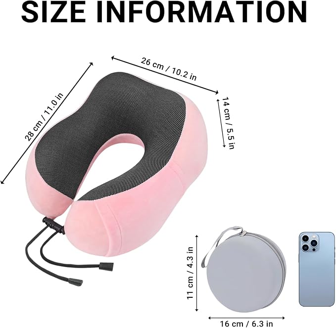 Travel Neck Pillow, 100% Memory Foam, U-Shaped with Storage Box, Pink | 100% memory foam with 360-degree support & adjustable buckle. Compact storage box. Machine washable cover. Fits all necks. - Image 6
