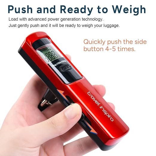 travel inspira Battery-Free Luggage Scale 110lb/50kg Digital Portable | Battery-free luggage scale, pump to power, 110lb/50kg, ±50g, lb/kg switch, tare, overload alert, travel essential - Image 2