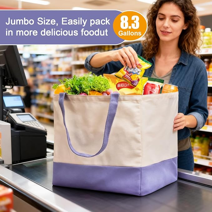 Reusable Grocery Bags Heavy Duty, 8.3 gal Foldable Large Canvas Tote Bag with Handles, Holds 60 lbs Canvas Shopping Bags, 1 Pack（Off White+Light purple） - Image 3