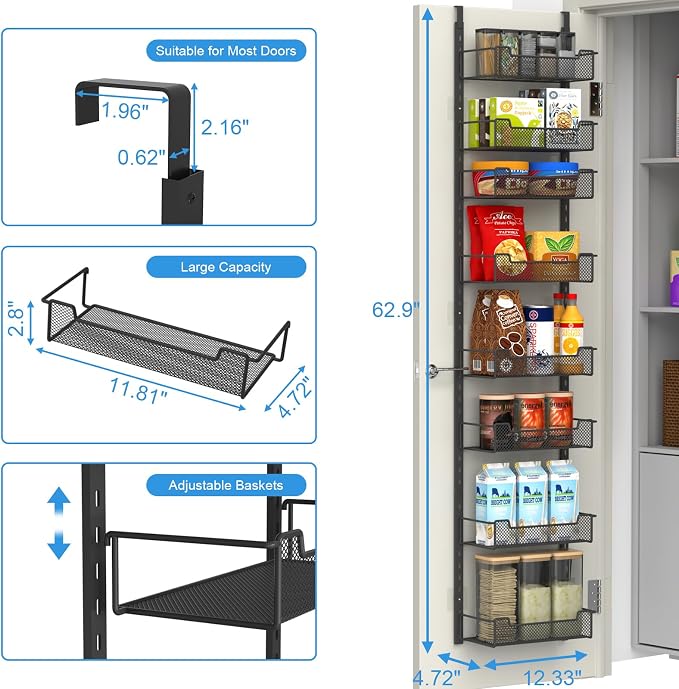 VyGrow 12.3" W Narrow Over the Door Pantry Organizer, 8-Tier Over the Door Organizer with Adjustable Basket, Pantry Door Organization for Pantry Kitchen Storage Room Spice Rack, Black - Image 3