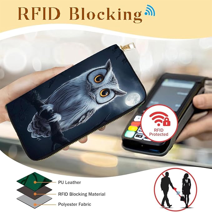 Women's RFID Blocking PU Leather Zip-Around Wallet, Large Capacity Clutch with Phone Holder, Travel Purse & Card Organizer with Removable Wristlet,Owl Moon - Image 2