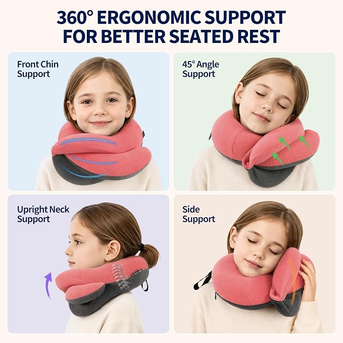 Kids Travel Pillows for Airplane, Memory Foam 360° Head Support Sleeping Essentials for Girls Long Flight, Skin-Friendly Soft Neck Pillow for Traveling in Car Seat, (Small, Pink Grey, 40-90 lbs) - Image 2