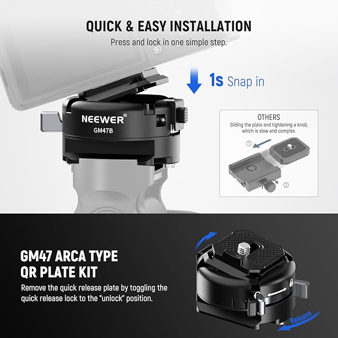 NEEWER GM47B Quick Release Plate Kit, Anti Twist Auto Lock Square QR Camera Tripod Mount Adapter & Clamp Base Compatible with DJI Ronin RS 4 Pro RS 3 RS 2 Compatible with PD - Image 4