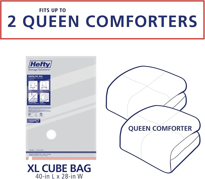 Hefty Shrink-Pak Vacuum Storage Bags - Space Saver for Under Bed Storage, Clothing and Comforters, Odor Resistant, 3X More Storage Space - 3 XL Cubes Bags - Image 5