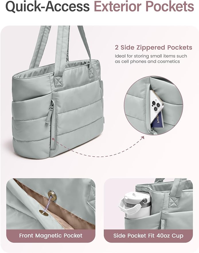 Uselike Tote Bag for Women with Zipper, Quilted Puffer Tote Bag with Compartments, Lightweight Puffy Work Bags for Women - Image 4