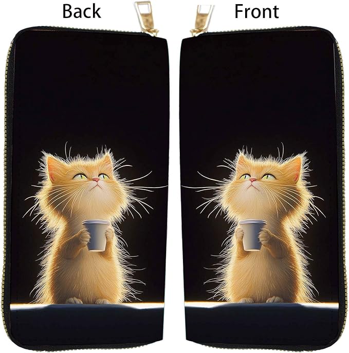 Women's RFID Blocking PU Leather Zip-Around Wallet, Large Capacity Clutch with Phone Holder, Travel Purse & Card Organizer with Removable Wristlet,Messy Cat Drink Coffee - Image 5