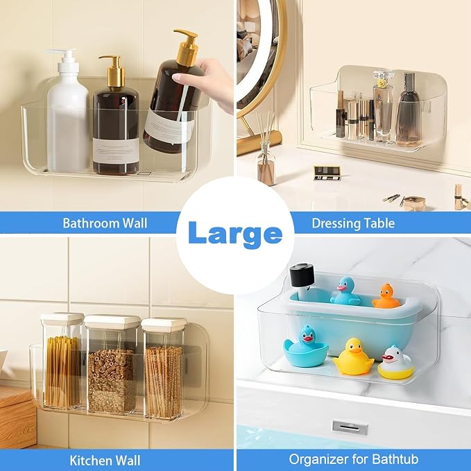 Wall Mount Organizer, Large Adhesive Wall Self - Bathroom Shelf | Adhesive Bathroom Shelves with Self Adhesive Tape Clear Shelf for Bathroom, Kitchen - Large Size - 5.1"D x 10.9"W x 6"H - Image 4