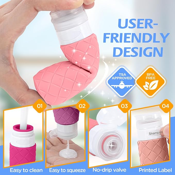 16 Pack Travel Bottles for Toiletries, TSA Approved Travel Size Toiletries Containers Set BPA-Free Silicone Leak Proof Refillable Bottles Stackable Creams Jars Accessories Kit W/Clear Bag Purplish Red - Image 4