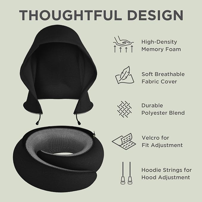 Dot&Dot Travel Pillow Neck Pillow with Hood for Airplane Sleeping, Memory Foam Pillow with Chin Support, Detachable Hoodie, Washable Cover, Adjustable Velcro Fit for Flights, Car & Office - Image 6