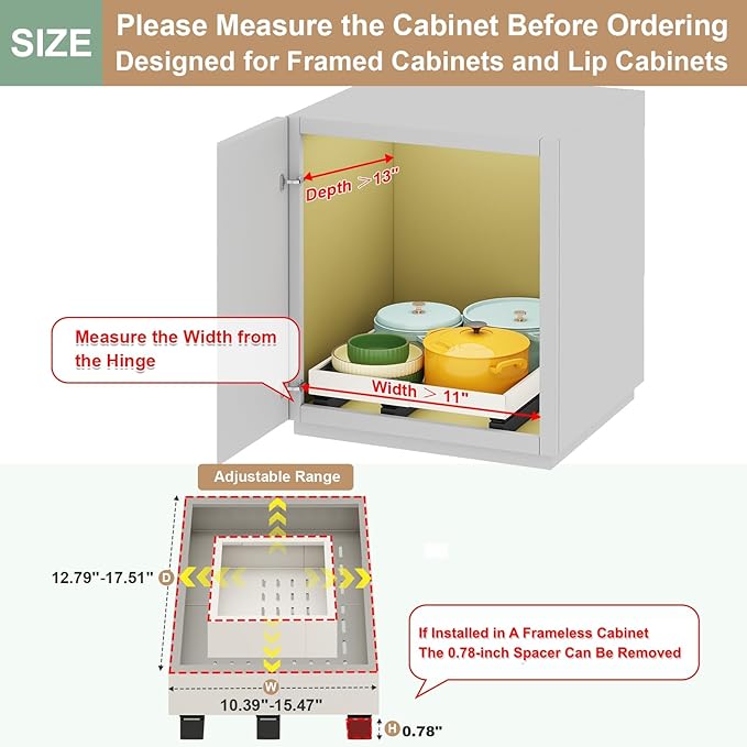 Fokyfok Pull out Cabinet Organizer,11"-16"W,13"-17"D,Expandable,Adhesive | No Drill,3 Rails,Roll out Drawers,Adjustable Slide out Shelves for Kitchen,Pantry,Framed and Framless Cabinets,White,1PC - Image 2
