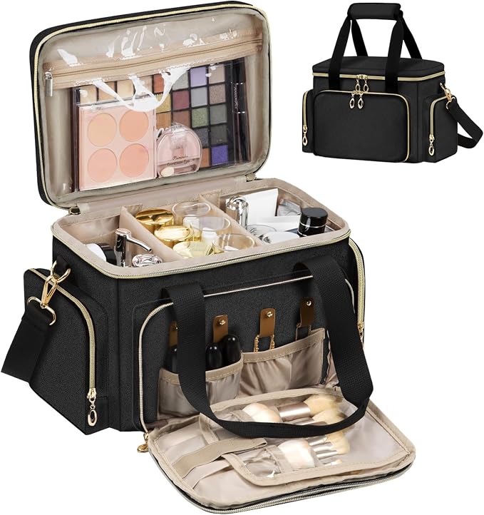 GDNasist Large Makeup Bag, Portable Travel Makeup Bag Organizer | Cosmetic Travel Bag for Women Girls with Removable Shoulder Strap & Detachable Dividers, Toiletry Bag for Makeup Black by GDNasist