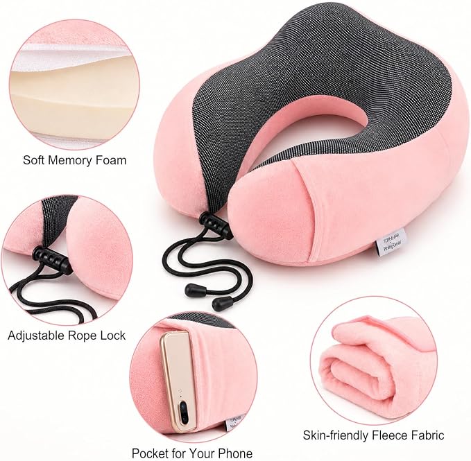 Travel Blanket and Pillow Set - Neck Pillow Airplane Essentials, Pink | Memory Foam, Sleep Mask, Earplugs with Bag, Fleece Soft Comfort for Long Plane Flight Traveling Car Road Trip Flying - Image 4