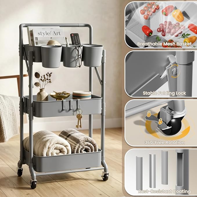 Foldable 3 Tier Rolling Cart, Metal Utility Cart with Wheels | Collapsible Rolling Storage Cart with 3 Hanging Cups, Folding Storage Trolley Organizer Cart for Home Office Kitchen(Grey) - Image 4