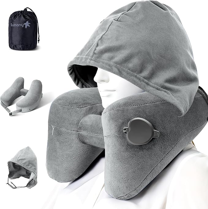 Sunany Neck Pillow for Travel Inflatable Airplane Pillow Comfortably Supports Head,Neck and Chin,Inflatable Travel Pillow with Soft Velour Cover,Hat,Portable Drawstring Bag (Grey) by Sunany