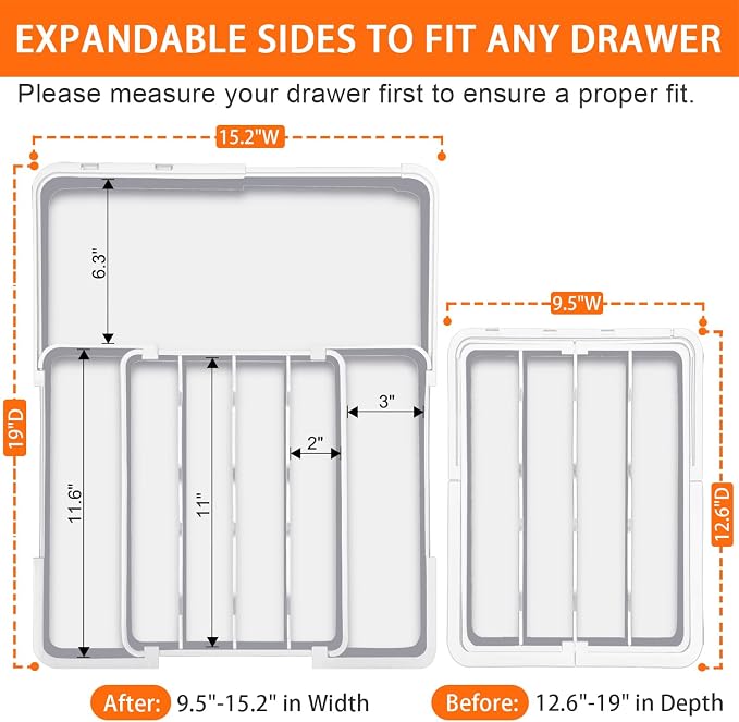 Silverware Drawer Organizer, Adjustable Utensil Tray for Kitchen Drawer, 19 x 15 Inches Flatware and Cutlery Holder, Expandable Plastic Storage for Spoons Forks Knives, 4-7 Slots, White - Image 2