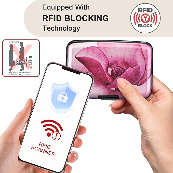 Mini RFID Aluminum Wallet Credit Cards Holder Business Card Case Metal ID Case for Men Women(Pink Magnolia) - Image 2