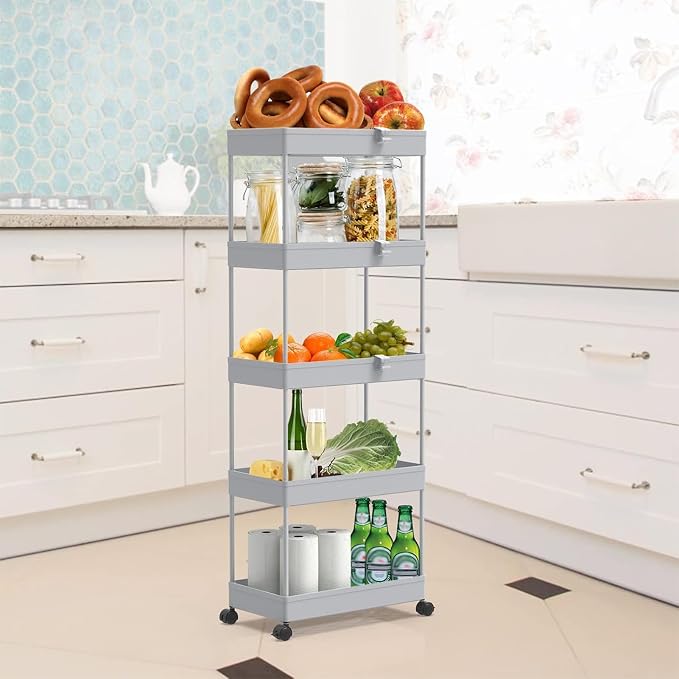 SPACEKEEPER 5 Tier Storage Rolling Cart, Bathroom Cart with Wheels, Gray | Mobile Storage Cart for Laundry Room Organization,Kitchen,Office,Bathroom, Utility Cart for Snack,Craft,Art,Makeup,Nail,Toys - Image 6