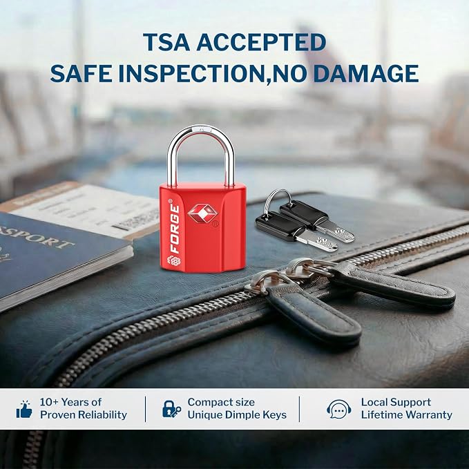 Forge 1''x1'' TSA Approved Luggage Locks: Ultra Secure dimple Key Travel Locks with zinc Alloy Body, for Luggage, Travel Cases, Backpacks, Red 2PK. - Image 2