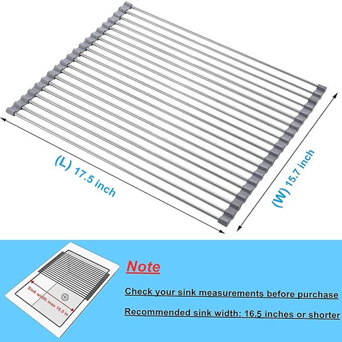 Seropy Roll Up Dish Drying Rack Over The Sink for RV Sink 17.5x15.7 in Kitchen Drying Rack Folding Dish Drainer Mat Rolling Dish Rack Foldable Rack Stainless Steel Wide Kitchen Dry Rack - Image 3
