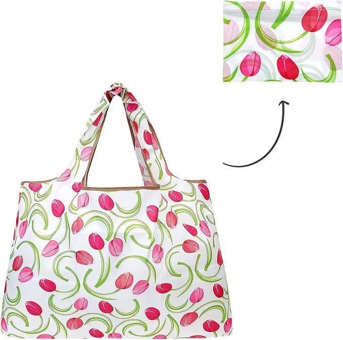 allydrew Large Foldable Tote Nylon Reusable Grocery Bags, Pink Tulips - Image 5