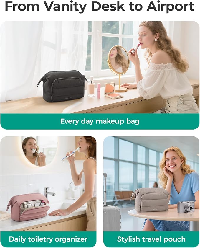 BAGSMART Travel Makeup Bag, Cosmetic Bag Small Make Up Organizer Case,Wide-open Pouch for Women Purse for Toiletries Accessories Brushes,Large Beige - Image 5