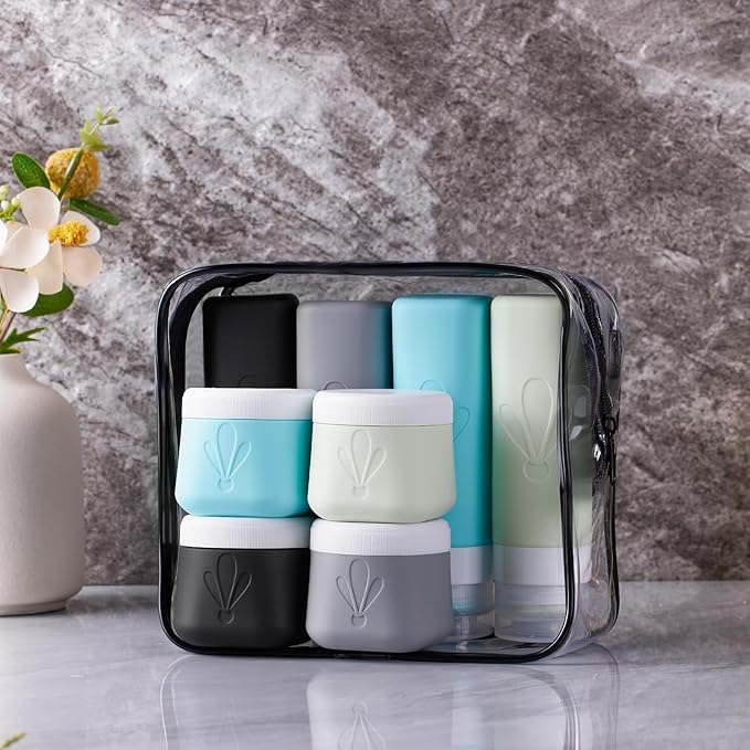 INSFIT travel bottles for toiletries 8 Pack, Leak proof Travel Size Toiletries Containers with toiletry bag, Squeezable Silicone Bottles & Cream Jars, Travel Essentials BPA-Free kit for Shampoo - Image 6