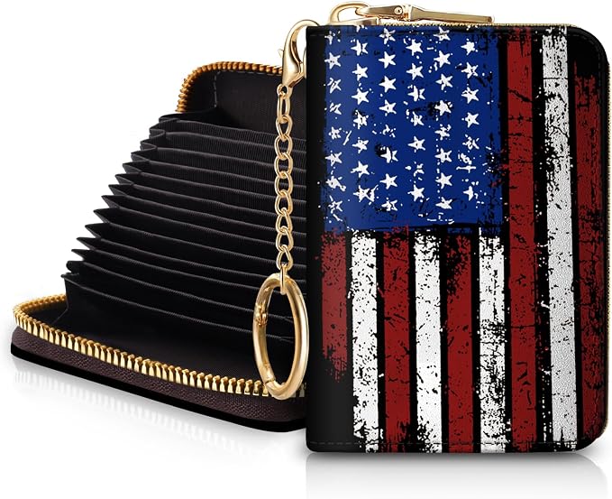 Blusabaca Women's RFID-Blocking American Flag Wallet, Leather, 12 Card Slots, 2 Coins, Zipper Closure, Waterproof | Removable Keychain, Case with Zipper, Vegan PU Leather, Cash Coin Pocket, Business Accordion Purse, Ladies Female Gift by Blusabaca