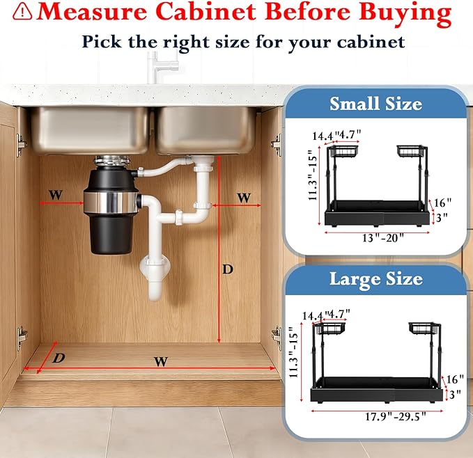 Aisslro Under Sink Organizer, 2 Tier Pull Out Cabinet Organizer, Expandable & Adjustable Slide Out Shelf 13.2''–20.3'', Under Sink Storage for Kitchen Bathroom Laundry Cabinet Storage, Black - Image 2