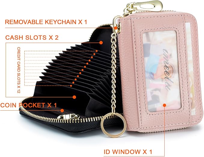 imeetu RFID Credit Card Holder, Small Card Wallet Women, Leather Card Case | Genuine Leather Women's Card & id Cases, Change Coin Purse with Zipper Keychain id Window, 20 Colors & 3 Styles, Daily, Gifts - Image 3