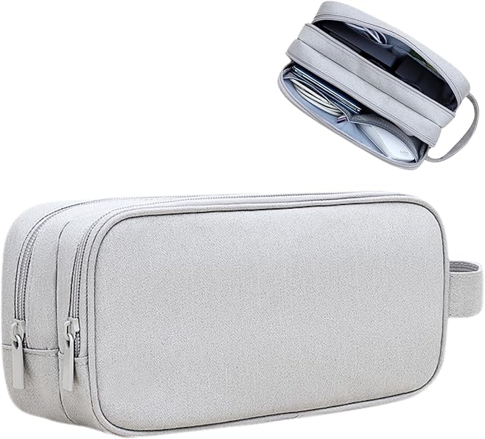 Teskyer Double Layer Cable Organizer Bag, Travel Tech Pouch, Light Grey | Elastic Bands Organization, Water Resistant Fabric, Multiple Compartments, Padded Protection, Travel and Office Use by TESKYER