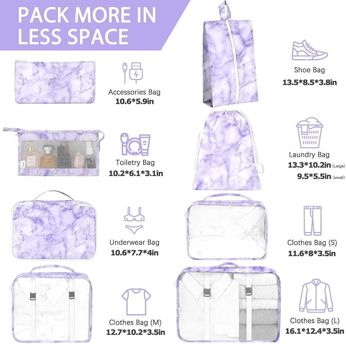 8 Set Packing Cubes for Travel, Luggage Packing Organizers Accessories Large Toiletries Bag for Clothes Shoes Cosmetics (8Set-Purple Marble) - Image 2