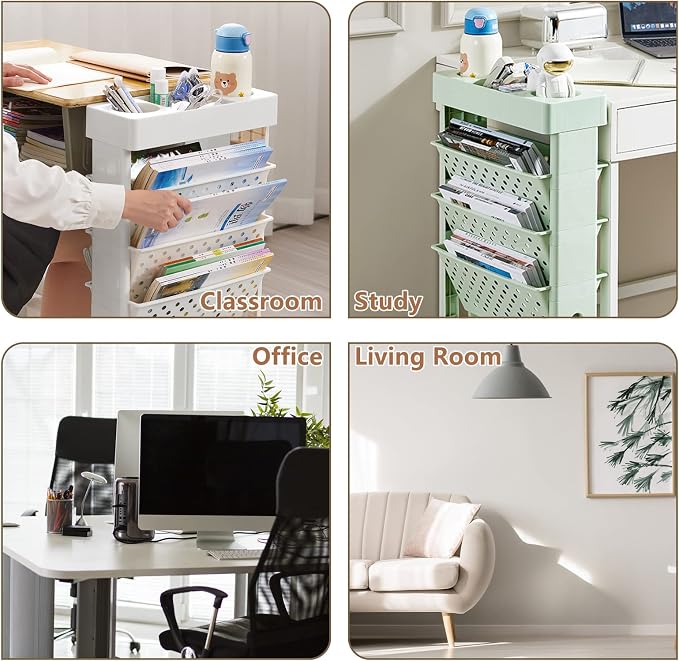 Rolling Office Paper Organizer, Mobile Book Cart Document Folder File Storage with Pen Holder, Slim Rolling Storage Cart Movable Bookshelf for Office, Dorm, Classroom, Nursery, Green - Image 4