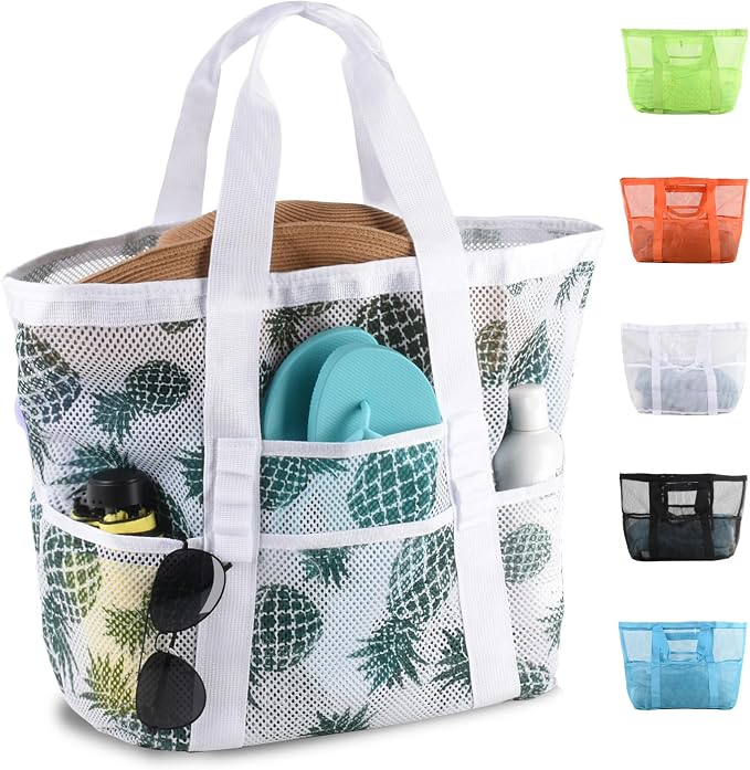 CaCTOUR Mesh Beach Bag,Large Beach Bags for Women with 8 Pockets,Packable Tote Bag for Beach Cruise Pool Vacation Essentials by CaCTOUR