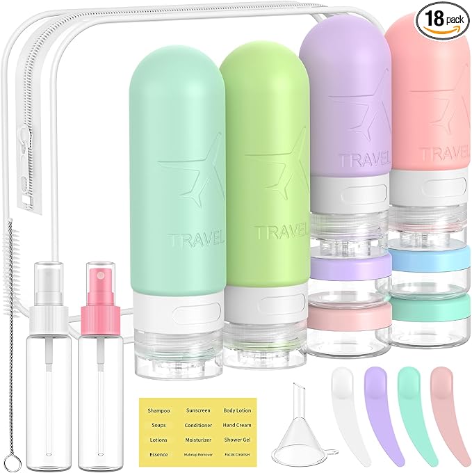 ME.FAN 18 Pack Travel Bottles for Toiletries, TSA Approved, Bright | Travel Size Containers Set, Silicone Squeezable Portable Split Bottle, Travel Accessories for Conditioner, Shampoo, Lotion by MEFAN