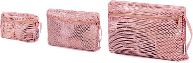 NOL 3-Pack Mesh Travel Toiletry Bags - Clear Zipper Travel Organizer, Airport Carry-On Compliant Reusable Cosmetic Makeup Bag for Women & Men (Dark pink) by NOLNaturalOrganicLifestyle