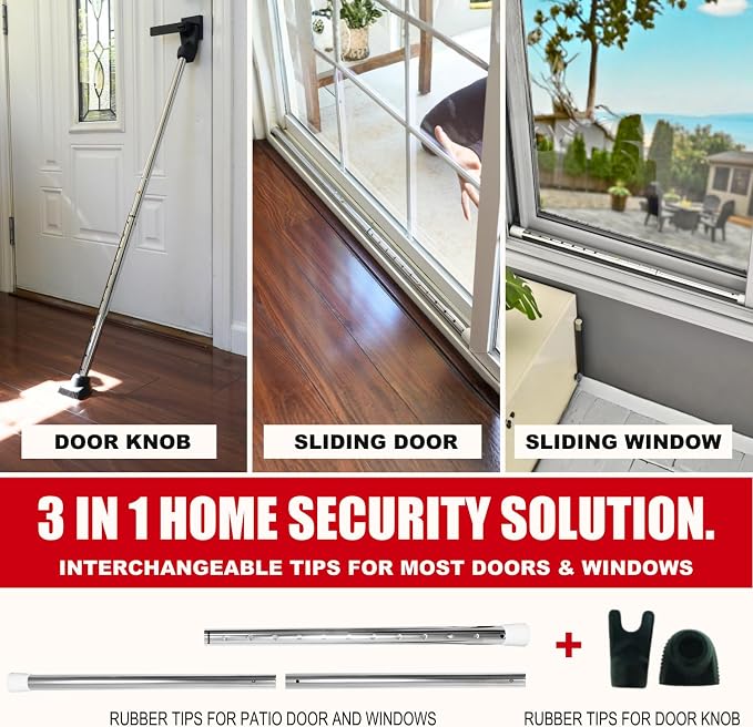 SECURITYMAN 3-in-1 Door Security Bar, Security Door Stoppers & Door Barricade – Heavy Duty Adjustable Iron Security Lock Bar for Home Defense, Apartment & Travel Safety (1 Pack - Chrome) - Image 2