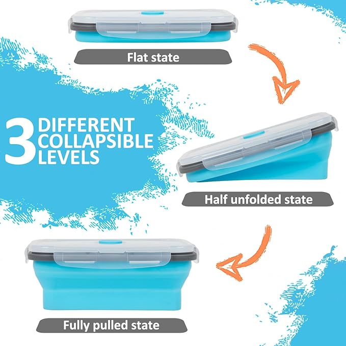 Collapsible Silicone Food Storage Containers Set with Lid & Air Vent,Foldable Lunch Containers (8PCS,Blue,27oz) - Image 5