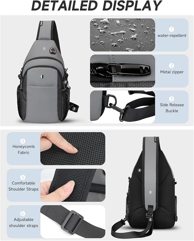 Anti-Theft Sling Bag for Men, Water Resistant lightweight Crossbody Backpack With Side Pocket, Built-in Audio Port, Reversible Strap, Travel Hiking Chest Pack Fits 11 inch iPad & Switch 2 - Image 5