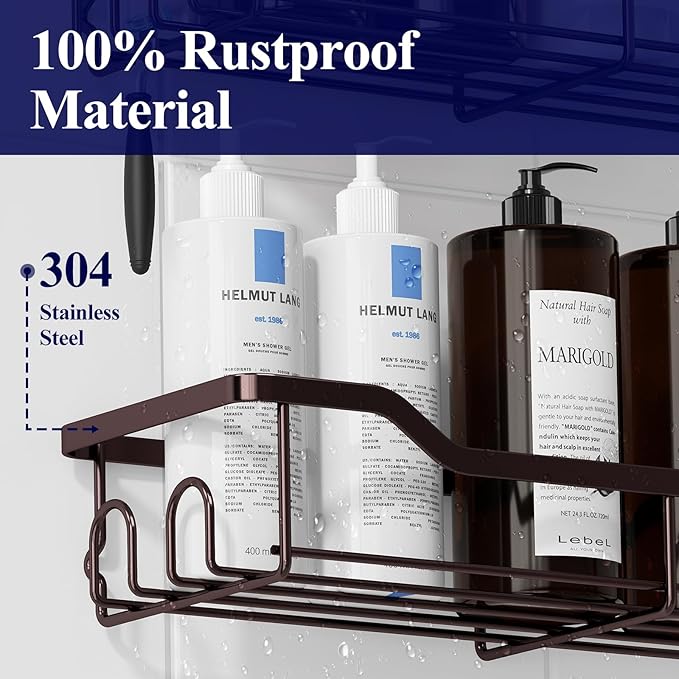 Kitsure Shower Caddy, Adhesive Shower Organizer, Large, Brown | Stainless Steel Shelf for Inside Shower, No Drill Bathroom Organizers and Storage, Home Decor Accessories - Image 3