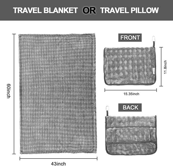 Soft Cozy Travel Blanket for Airplane Train and Car, Grey | Lightweight, Blanket or Pillow 2 in 1, Compact with Portable Bag Pillowcase, with Luggage Sleeve and Backpack Clip - Image 6