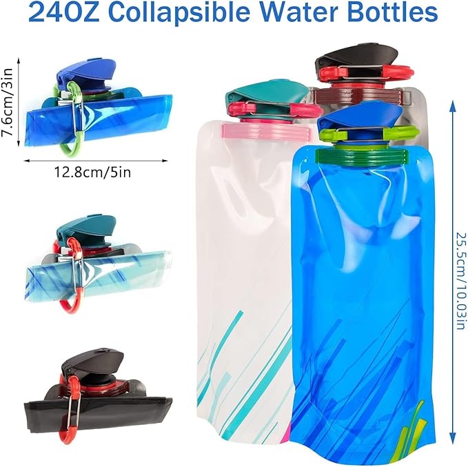 Jinora 4 Pack Collapsible Water Bottles for Travel – 23oz Foldable Water Bottle with Carabiner,Leakproof BPA-Free Water Jup, Portable Reusable Water Bottle for Hiking,Sports,Camping,Biking - Image 4